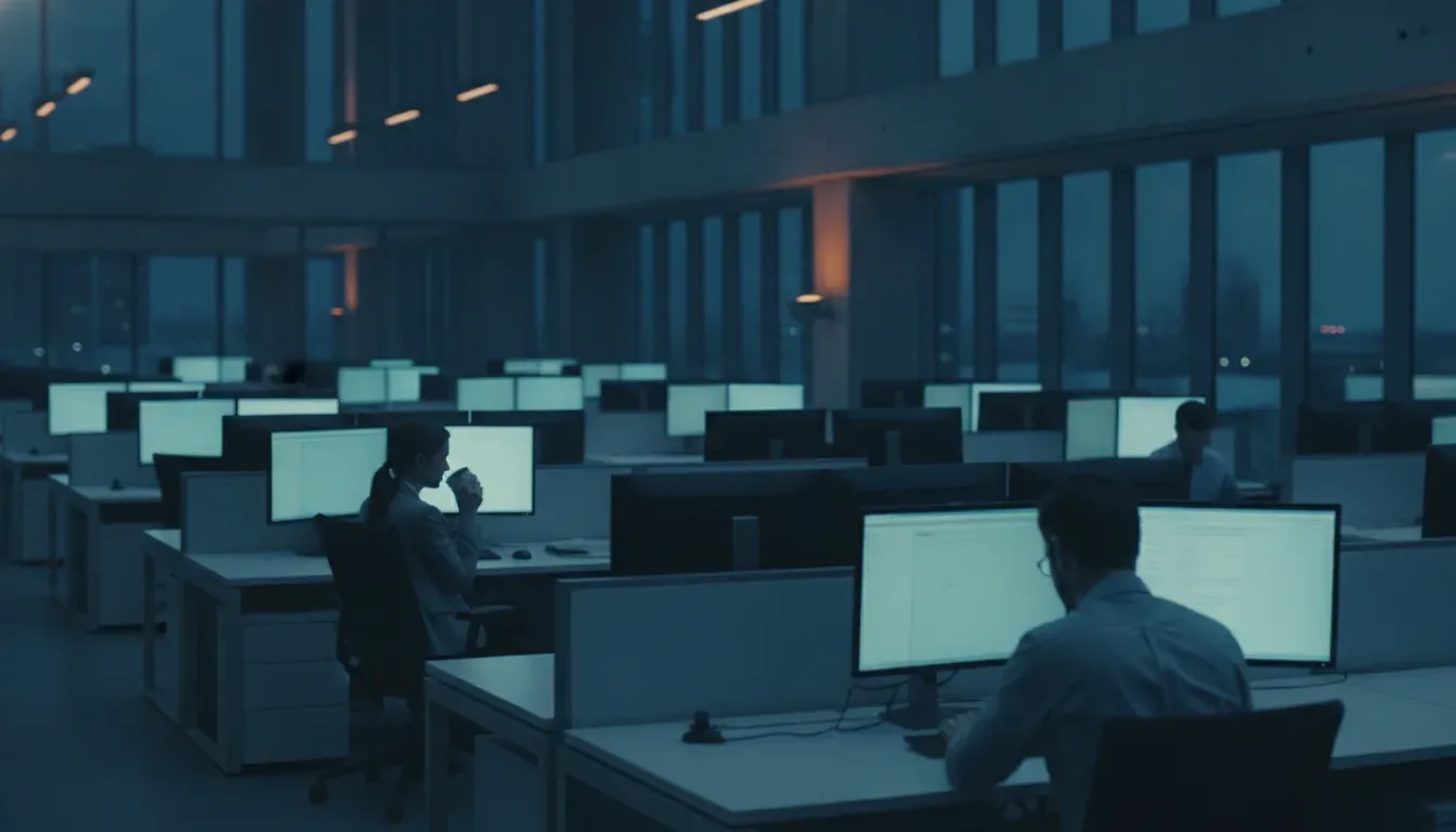 A modern editorial newsroom at blue hour