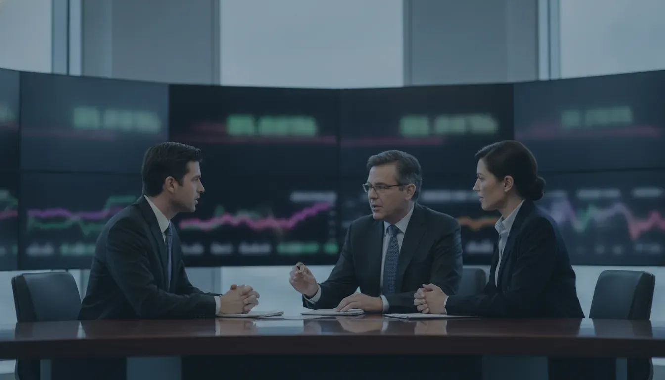 A premium financial newsroom with broadcast screens
